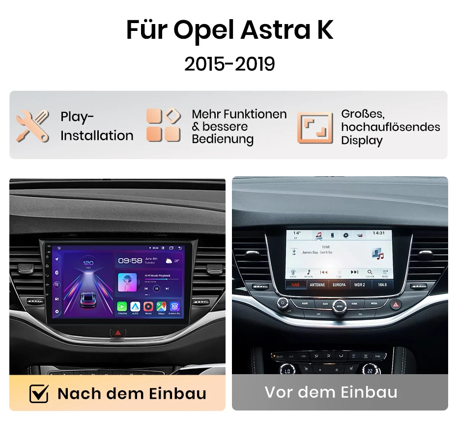 Junsun 9-Zoll Android 15 Autoradio für Opel Astra K 2015-2019, kabelloses Apple CarPlay, Auto-IPS-Touchscreen, Stereo-Multimedia-Videoplayer, intelligente Fahrzeugsysteme, 2-DIN-Autoradio-Haupteinheit, GPS-Navigation, BT, 4G, WLAN, 8-Kern-Prozessor, FM, AM, DSP, RDS, SWC, DAB – Detail 3