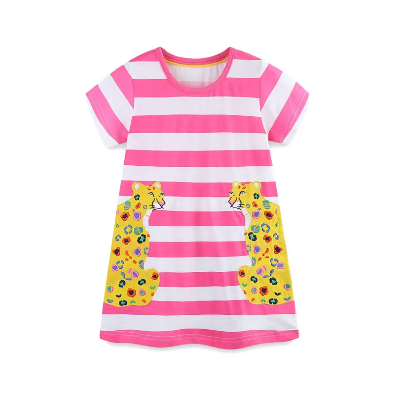 

Jumping Meters 2-7T Summer Girls Dresses Leopard Applique Short Sleeve Party Striped Clothes Toddler Frocks Costume