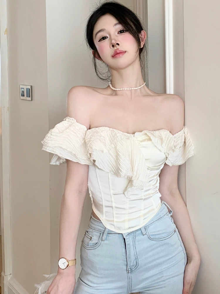 Blouses Women Slim Sexy Cropped Slash Neck Summer All-match Elegant Retro Popular Hot Girls Korean Style Daily Streetwear Casual