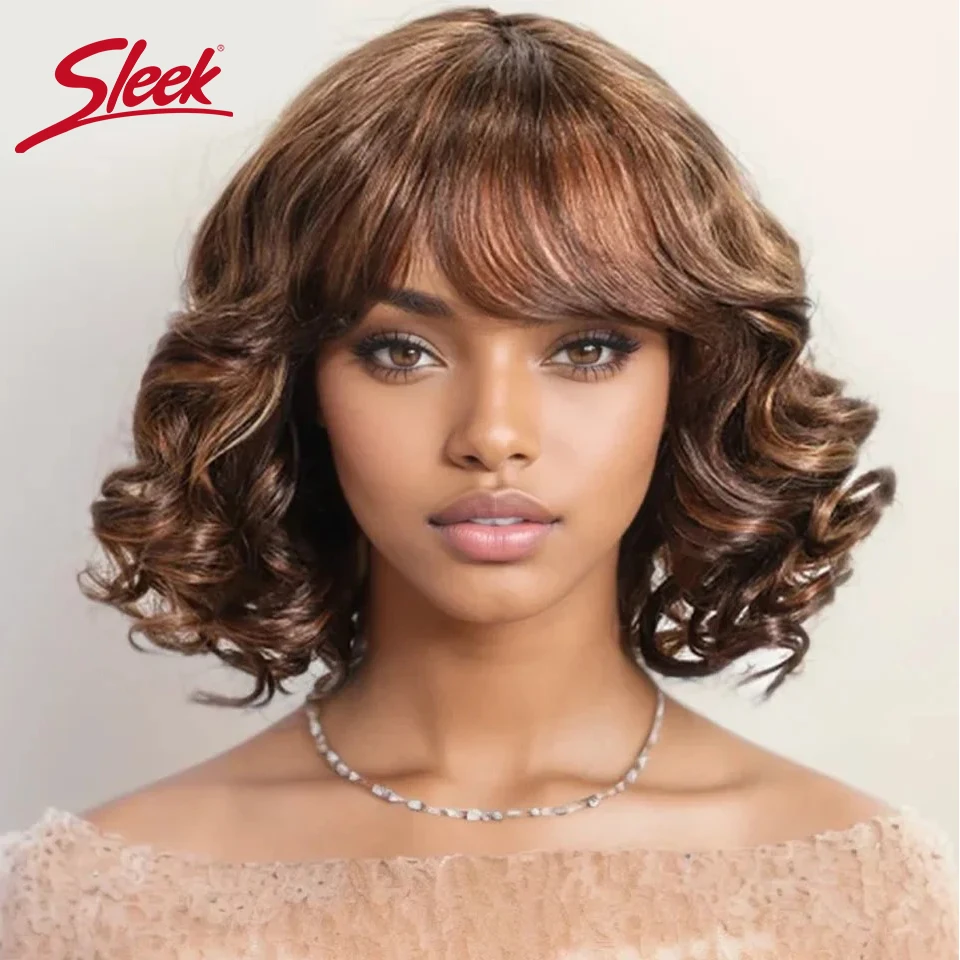 Sleek Highlight P4/30/27 Brazilian Body Wave Bob Wigs With Bang Glueless Short Bob Wigs Nature Remy Black Human Hair Wigs