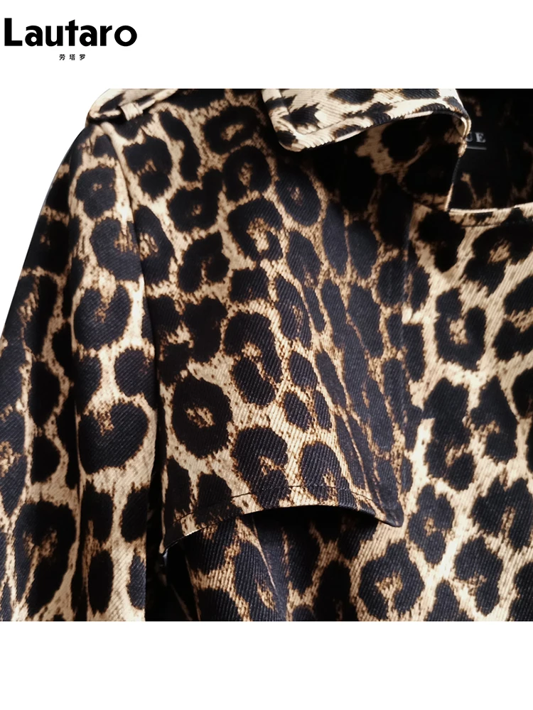 Lautaro Spring Autumn Long Stylish Leopard Print Trench Coat for Women Belt Double Breasted Casual Luxury Designer Clothes 2023