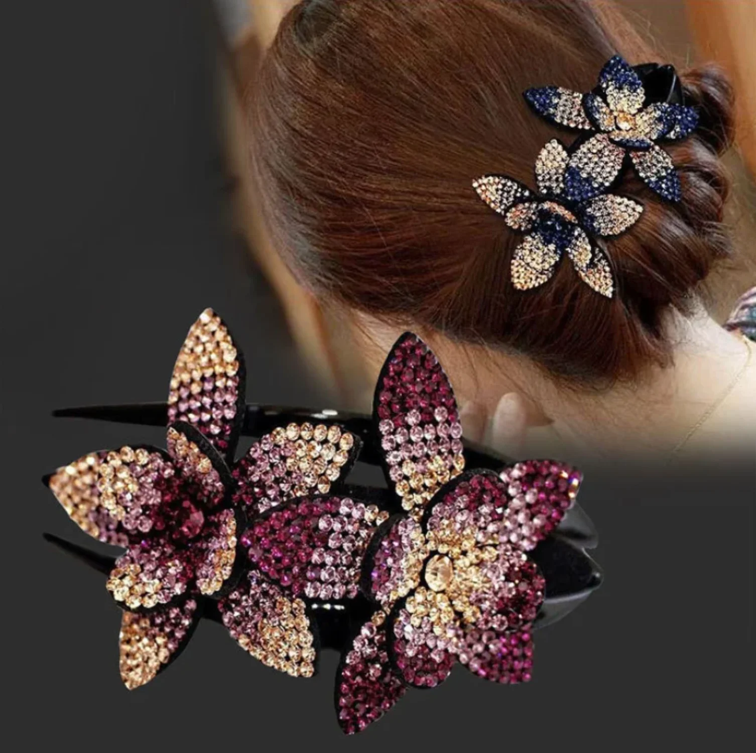 Eleganti fermagli per capelli in cristallo per donna, strass, doppio fiore, accessori per capelli da sposa, forcina con perline, regalo di nozze per feste