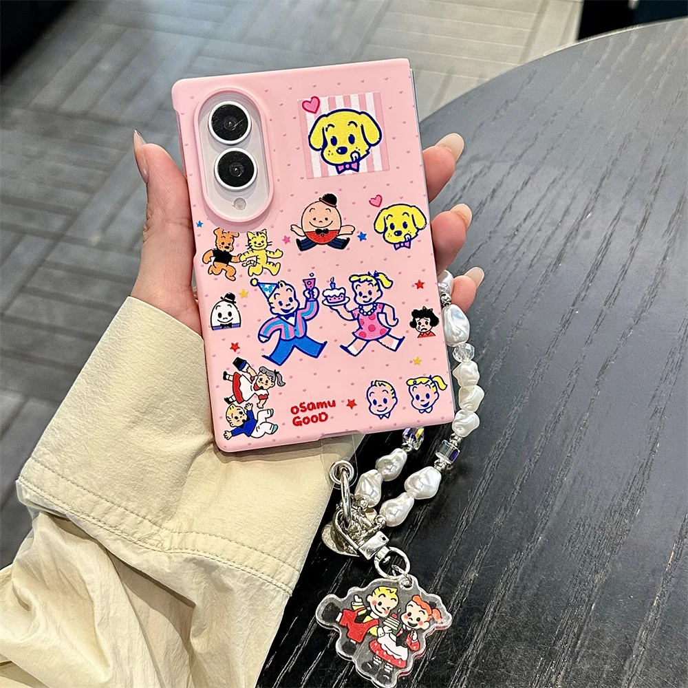 New Korean Cute Cartoon Pink little girl Phone case for Samsung Galaxy Z Fold 8 Ultra Z Fold 8 PC Shockproof Cover Stand Chain