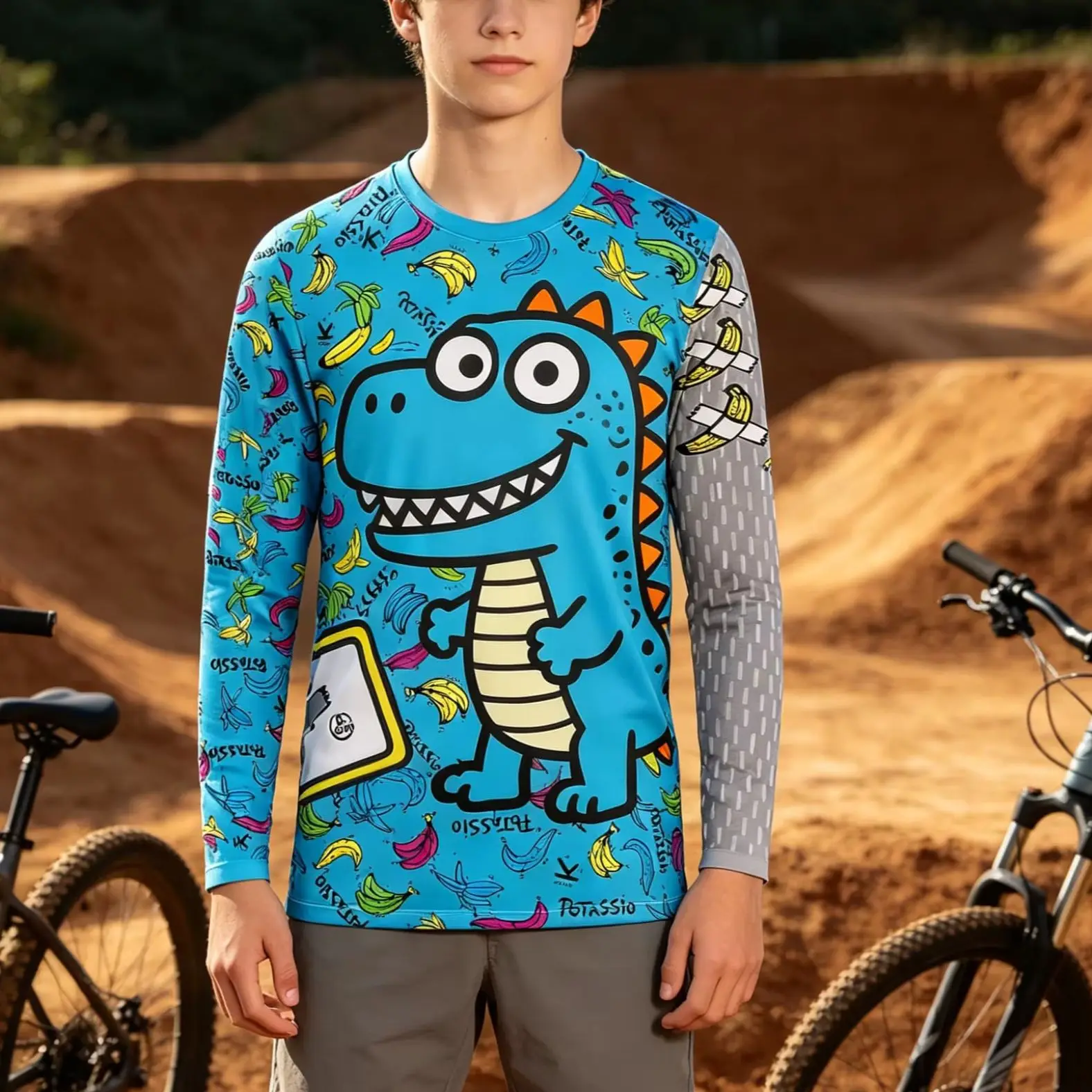 Kinder-T-Shirt, Damen-T-Shirt, Jungen-Top, Erwachsene, Kinder, Eltern-Kind, schnelltrocknend, Herren-Langarm-T-Shirt, Dinosaurier-Print, MTB, BMX, Radsport