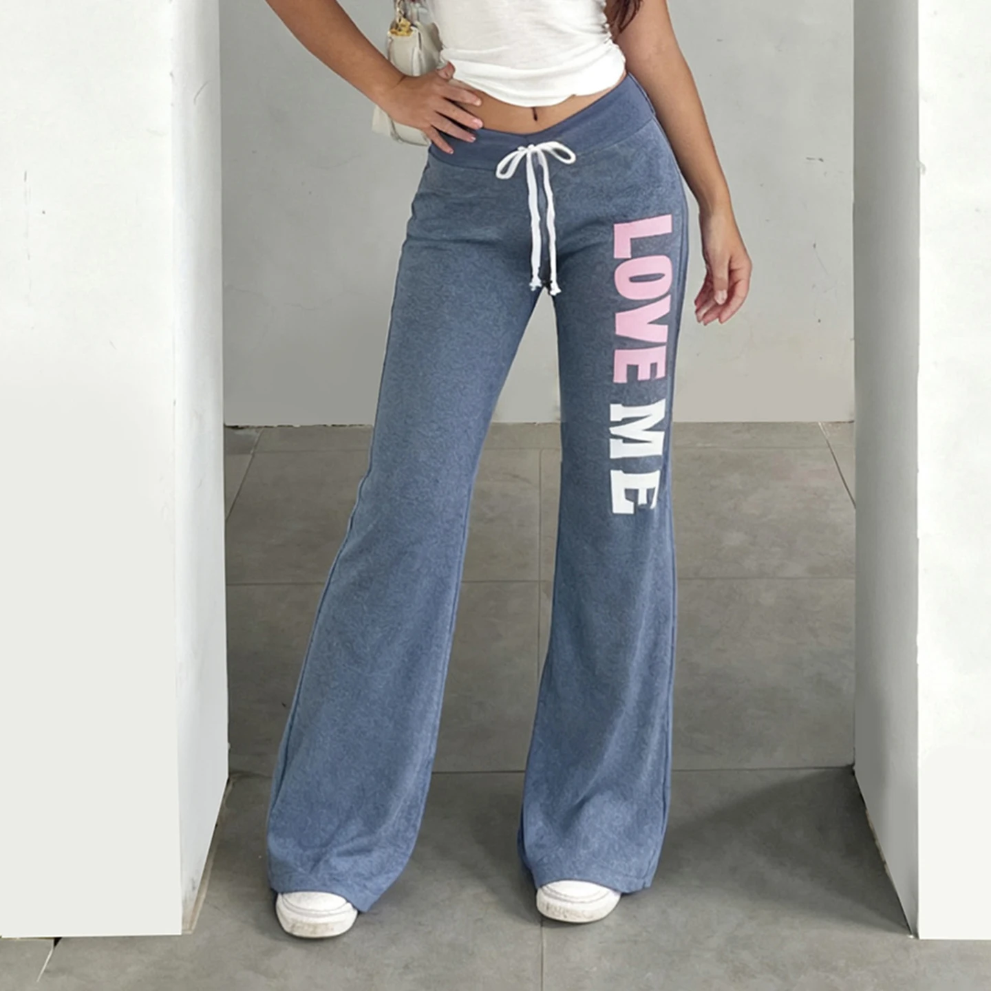 

Милые бандажные вязаные брюки с буквенным принтом Y2K, повседневные базовые облегающие брюки-клеш, женские брюки-клеш, осень-зима 202, модная уличная одежда