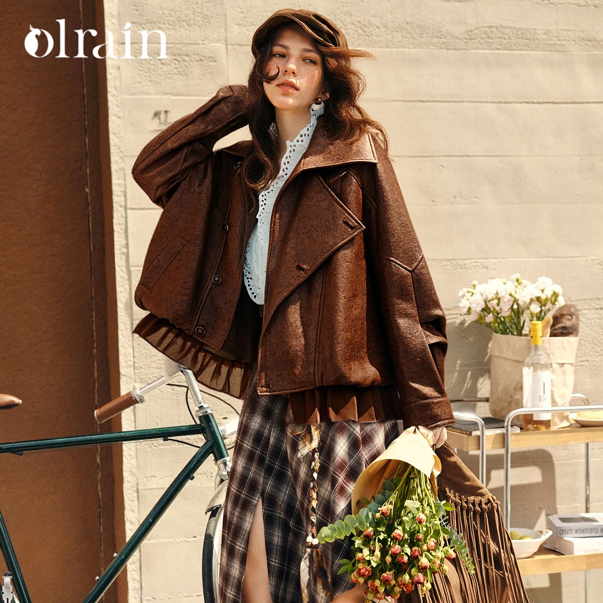 OLrain Maillard Style Faux Leather Coat for Woman 2026 Autumn New Loose Casual Jackets Single Breasted Short Coats GO57DW002051