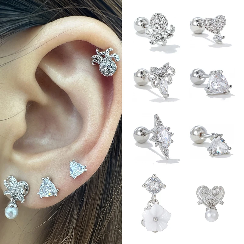 One Piece Zirconia Octopus Heart Butterfly Flower Screw Buckle Puncture Stud Earrings for Women Fashion Jewelry Cute Accessories