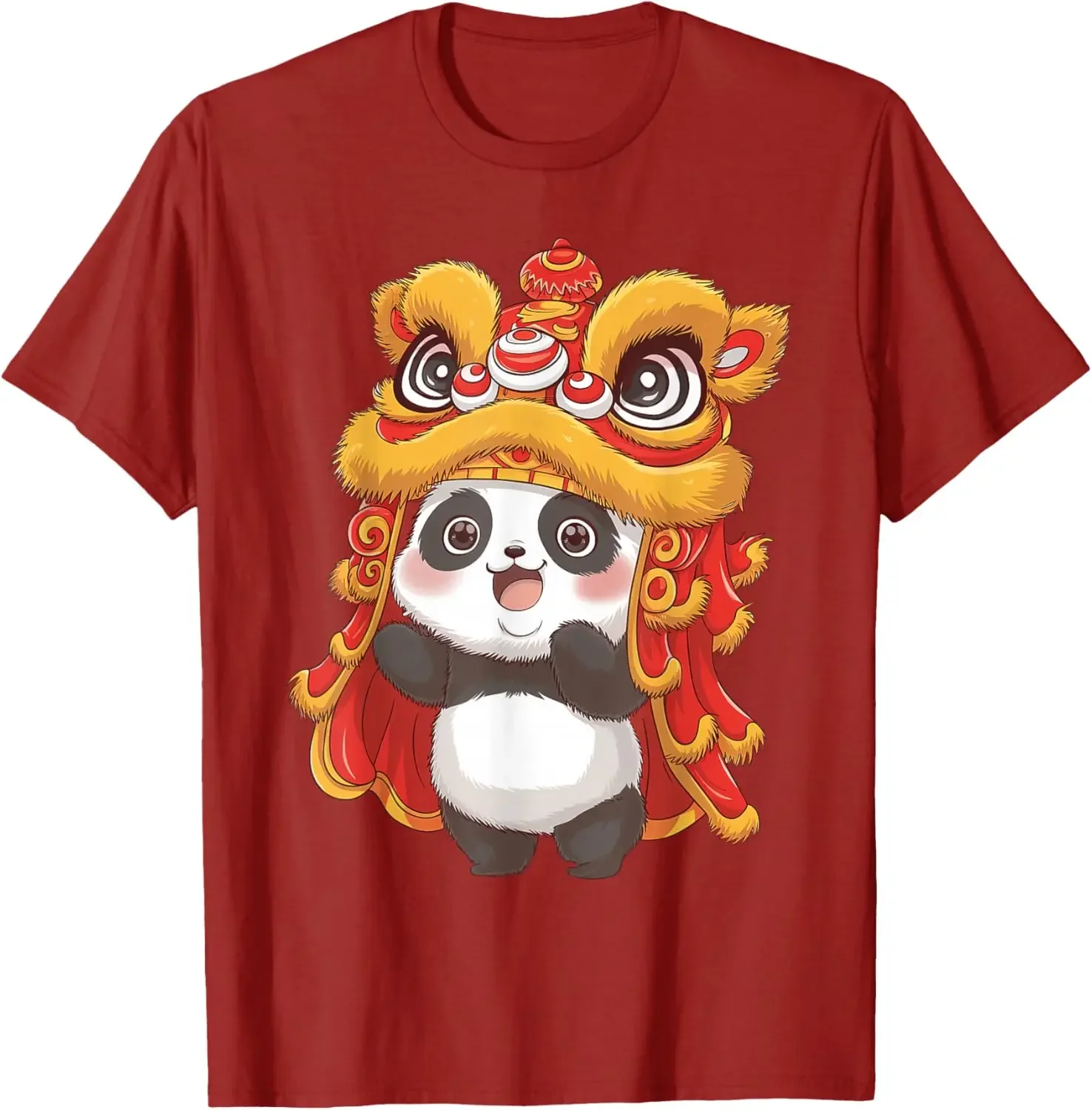 

Cute Panda Lion Dance Chinese New Year Graphic Tee Cotton Crew Neck Casual T-Shirt