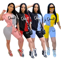 Pantalones cortos de manga corta para mujer, conjunto informal de 2 piezas con cuello redondo y estampado de retazos, conjunto para correr