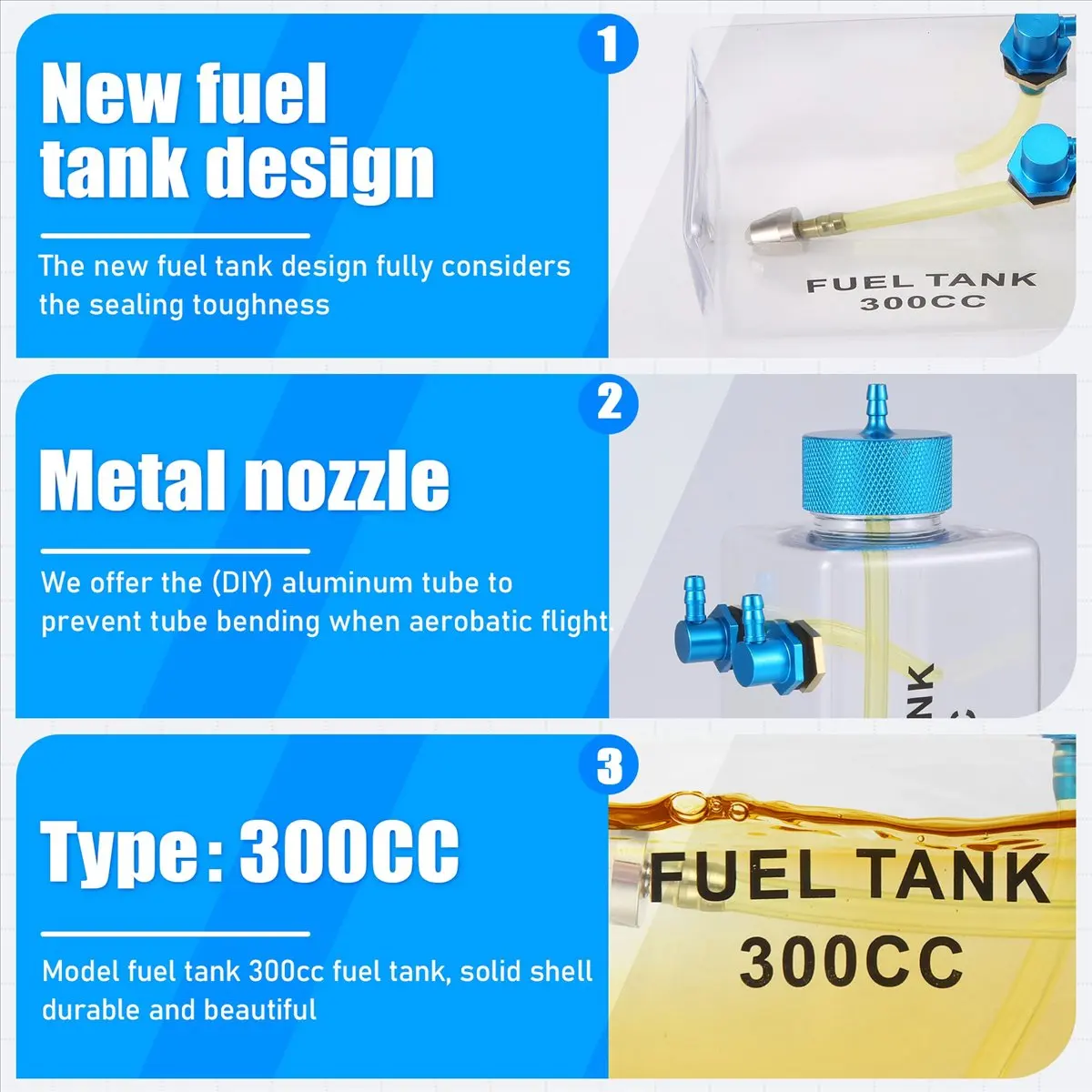 A48U Fuel Tank Petrol Transparent Plastic Bottle 300CC CNC for RC Gas and Nitro Airplane