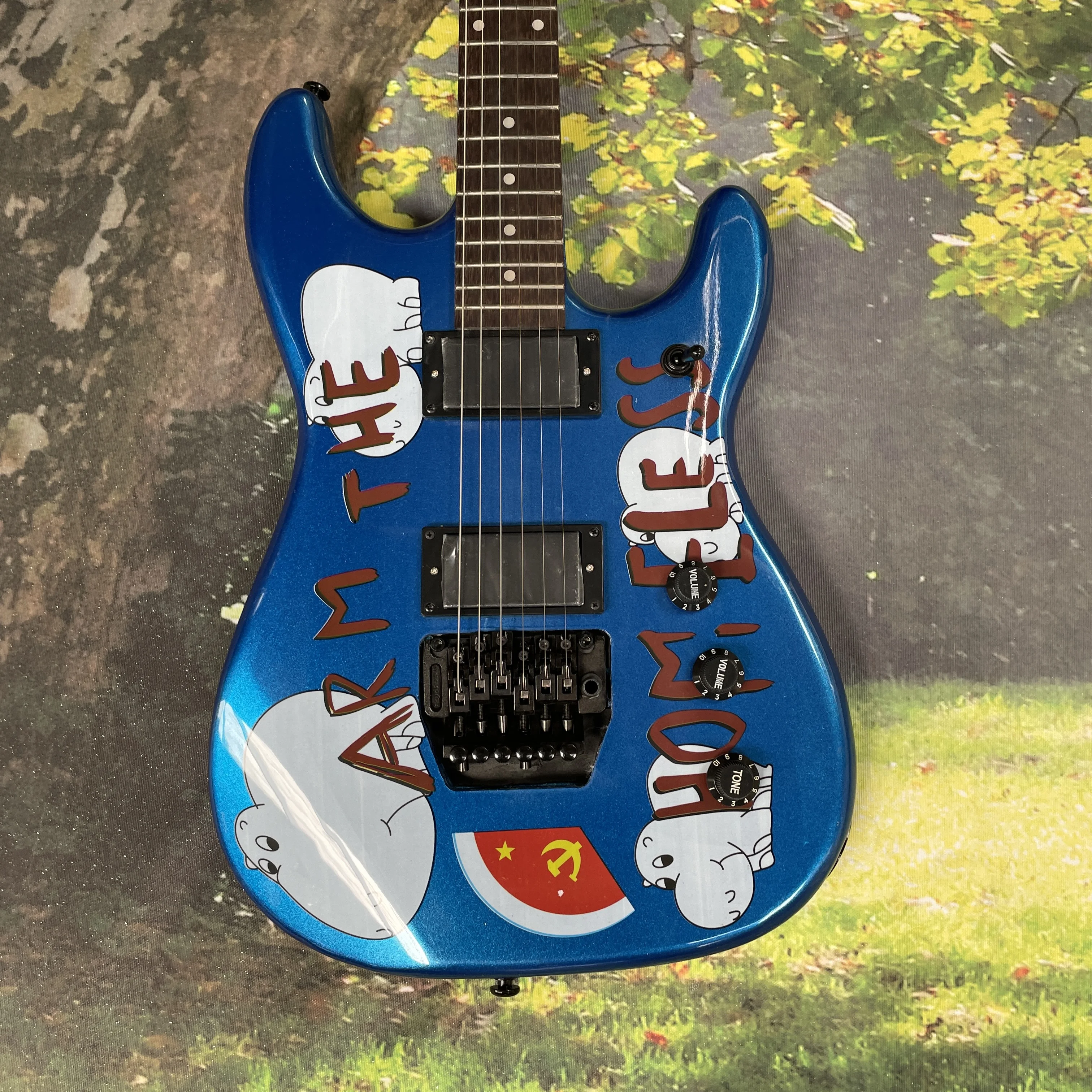 Blue background graffiti electric guitar, high gain double pickup double tremolo system guitars, speed picking player electric g