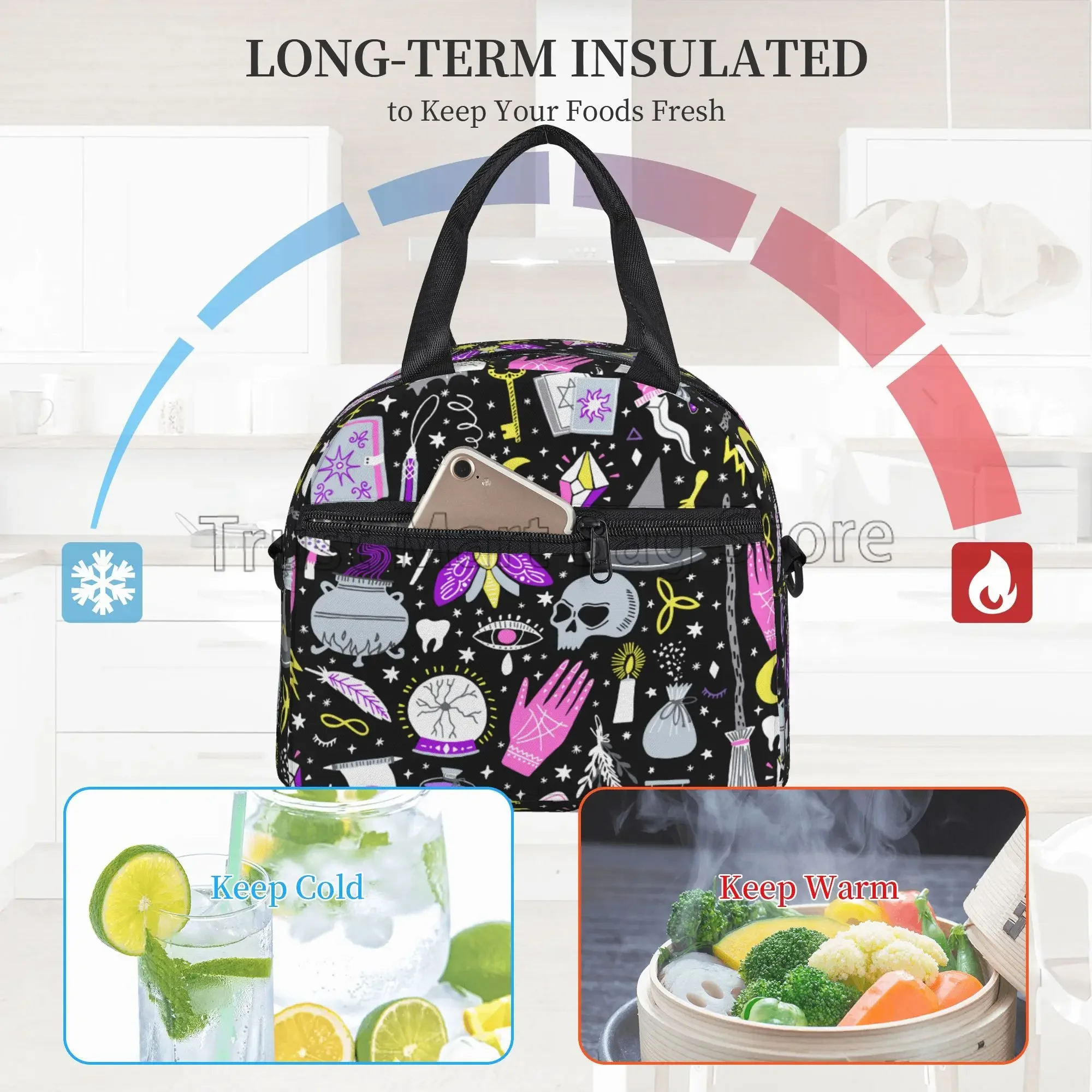 Magic Witch Goth Lunch Box Reusable Insulated Lunch Bag with Shoulder Strap Thermal Food Container for School Work Travel Picnic