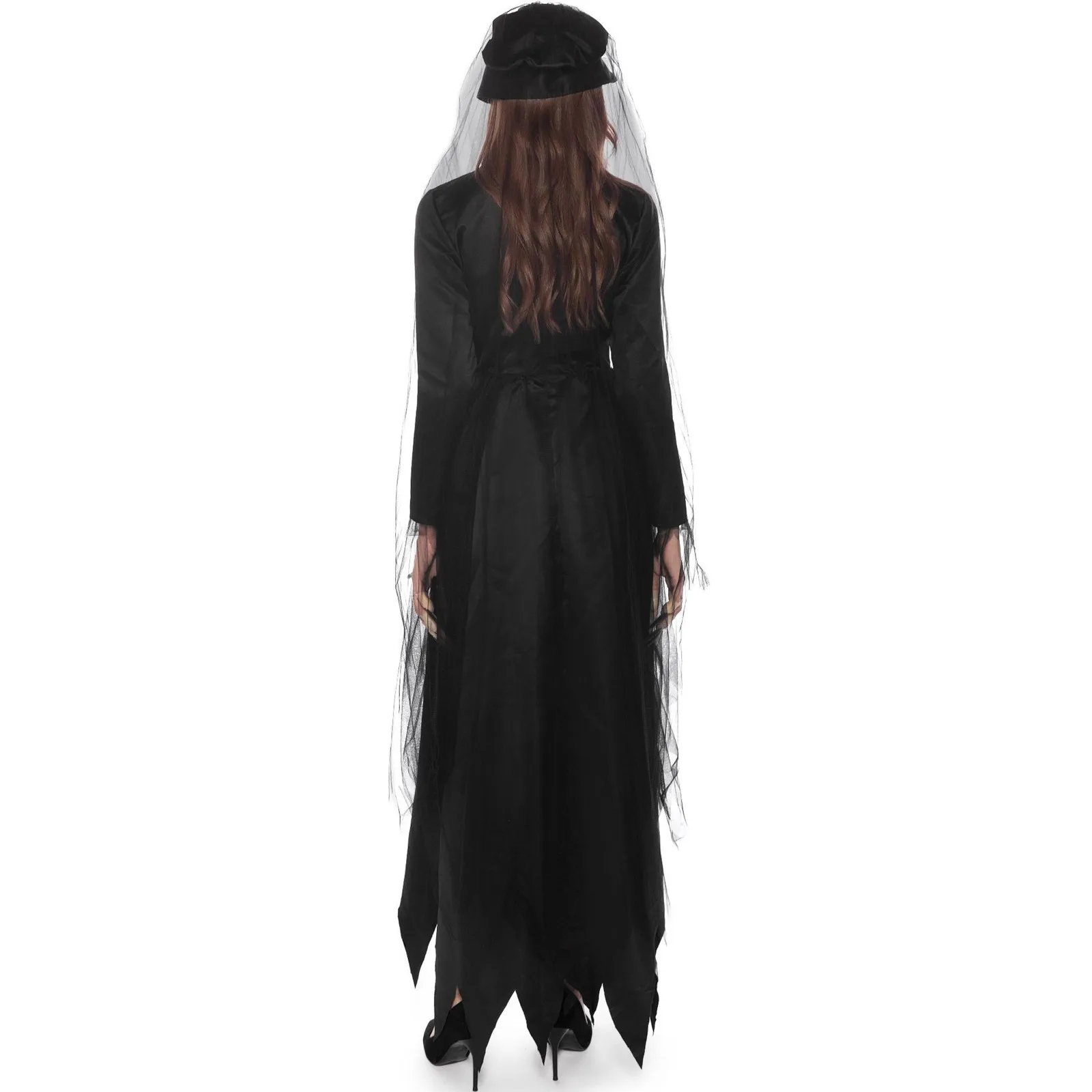 Scary 3 Piece Set Ghost Bride Irregular Maxi Dresses Halloween Party Zombie Vampire Witch Cosplay Costumes Horror Dress+Veil+Hat