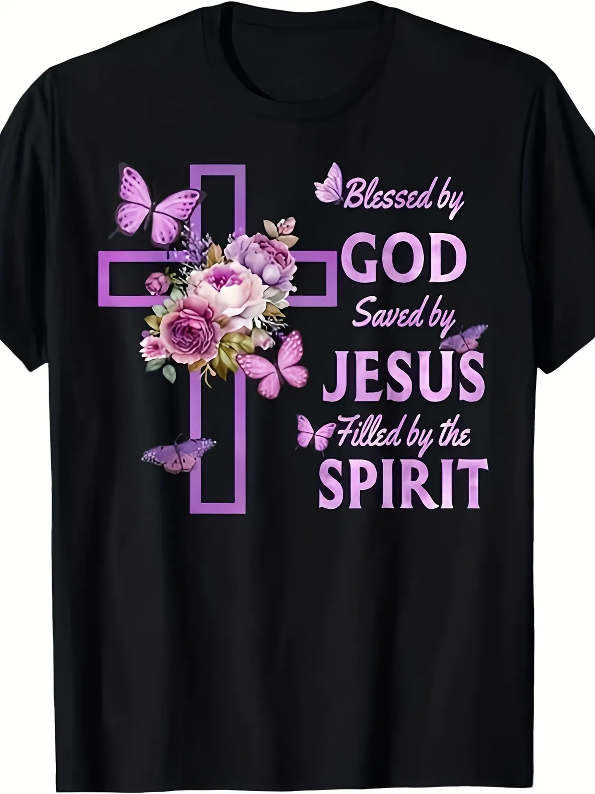 [Summer] Men's Christian Faith T Shirt Blessed by God Saved by Purple Floral Cross Graphic Tee with Purple Lettering Soft Church