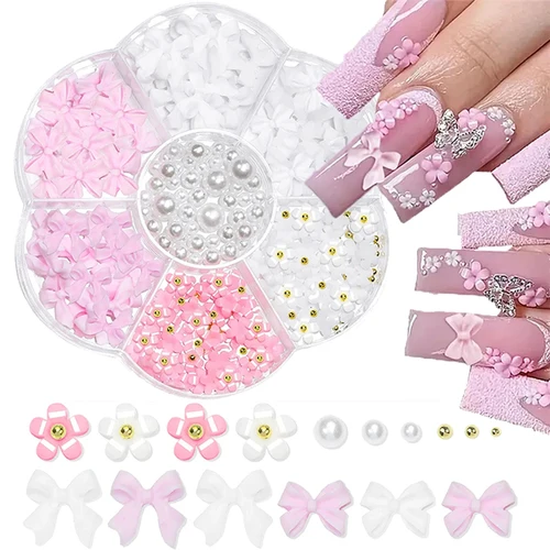 Misto acrílico Bowknot 3D decoración de uñas flor resina encantos cuentas doradas perla mezcla de diamantes de imitación accesorios en caja