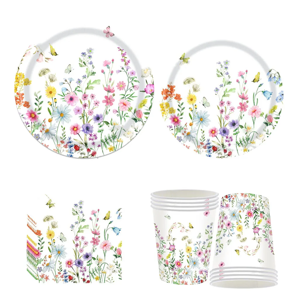 8Guests Spring Flower Disposabel Tableware Butterfly Goddess Plates Napkin Cups Spring Flower Happy Birthday Party Decor Girl