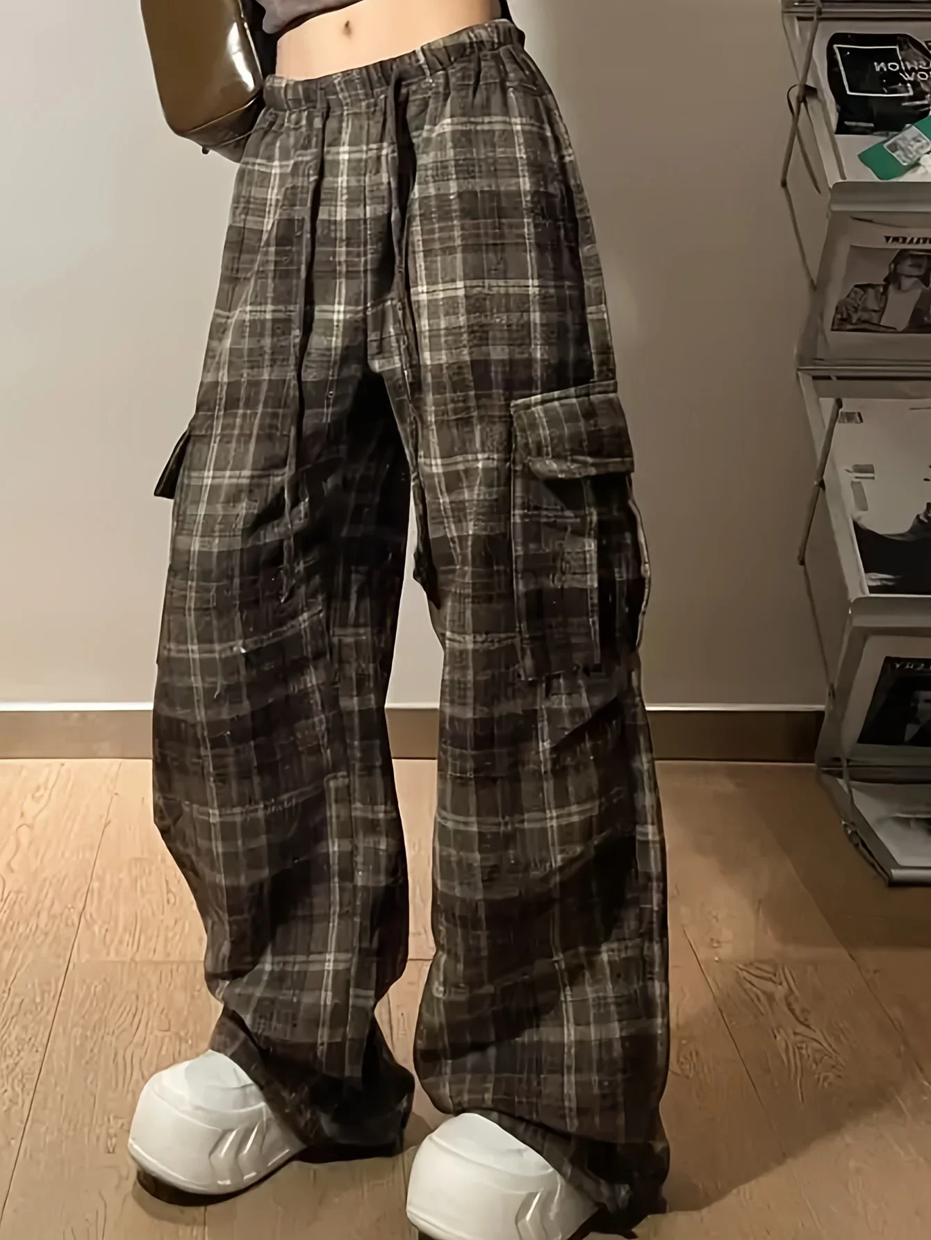 سراويل البضائع النسائية الأمريكية الرجعية، نمط الربيع والخريف، سراويل رياضية كاجوال منقوشة من الصوف #5