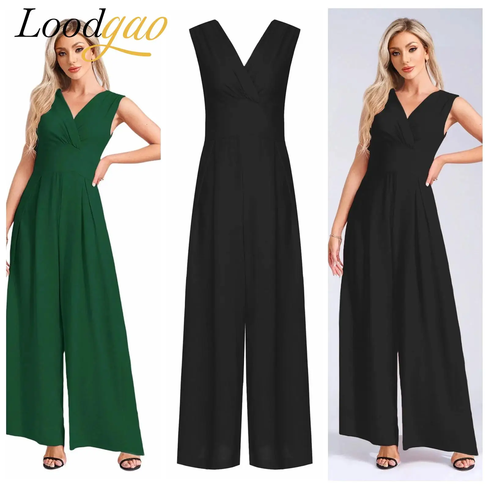 

Women OL Lady Wide Leg Jumpsuit High Waist V-neck Straight Pants Fashion Elegant Woman Clothes Evening Banquet Party Trousers