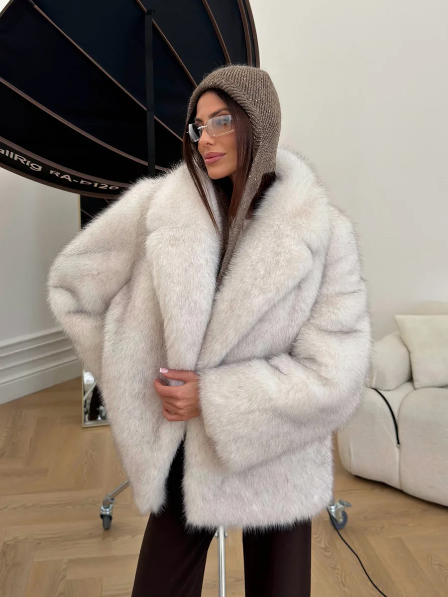HDHOHR New Winter Elegant Fashion Faux Fox Fur Coat Women Thick Warm Suit Collar High Quality Fluffy Fur Jacket Oversize