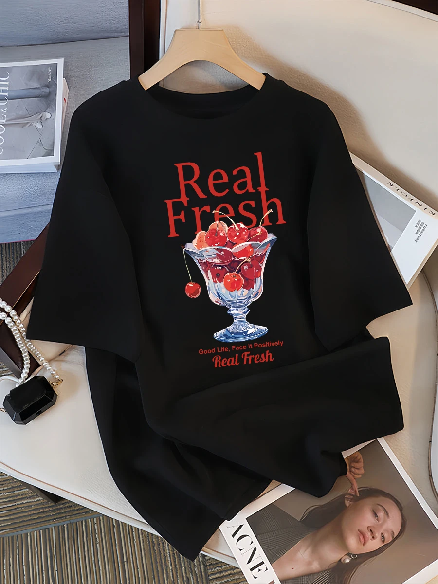 Real Fresh Cherry Fruit Cup Design Tee Shirts Female Comfortable T Shirt Fashion Casual Clothes Soft Street Short Sleeve