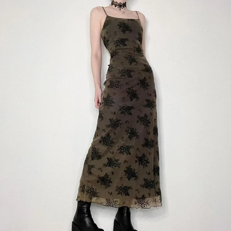 

Mesh Floral Dress Vintage Slash Neck Sleeveless Midi Dresses For Women 2022 Summer Fashion Printed Black Ladies Club Vestidos