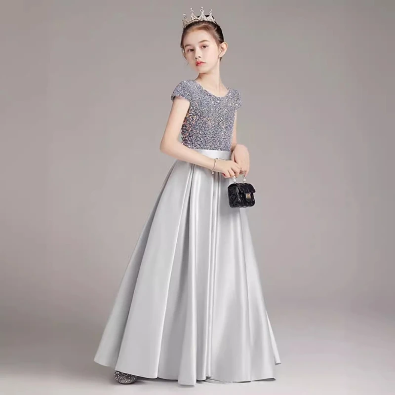 

2025 Hot Selling New Girls' Sequined Patchwork Satin Skirt with Waist Cinching Princess Style Performance Dress