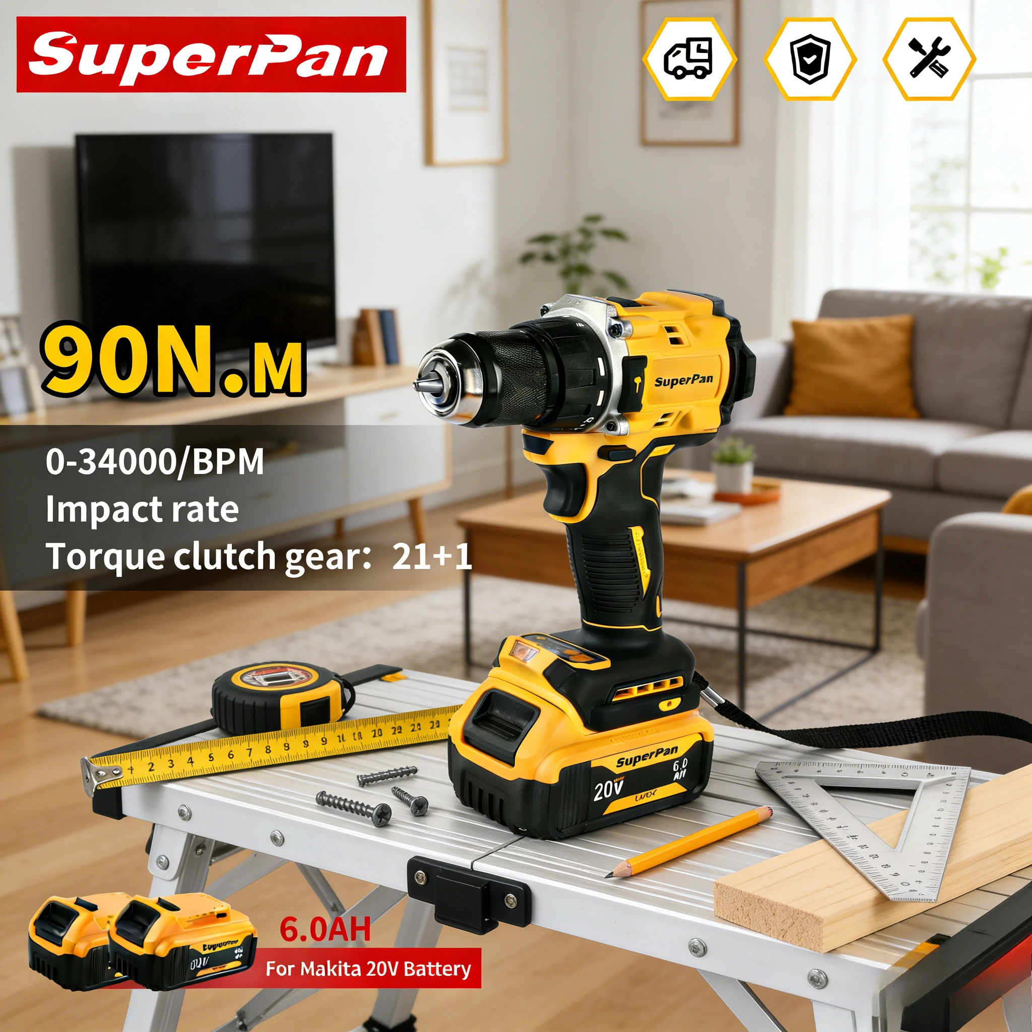 

Дрель SuperPan 20V с прецизионным патроном 1,5-13 мм, 90 Нм, 0-34000 об/мин, для дома, сада, ремонта автомобилей, совместима с аккумулятором Dewalt 20V