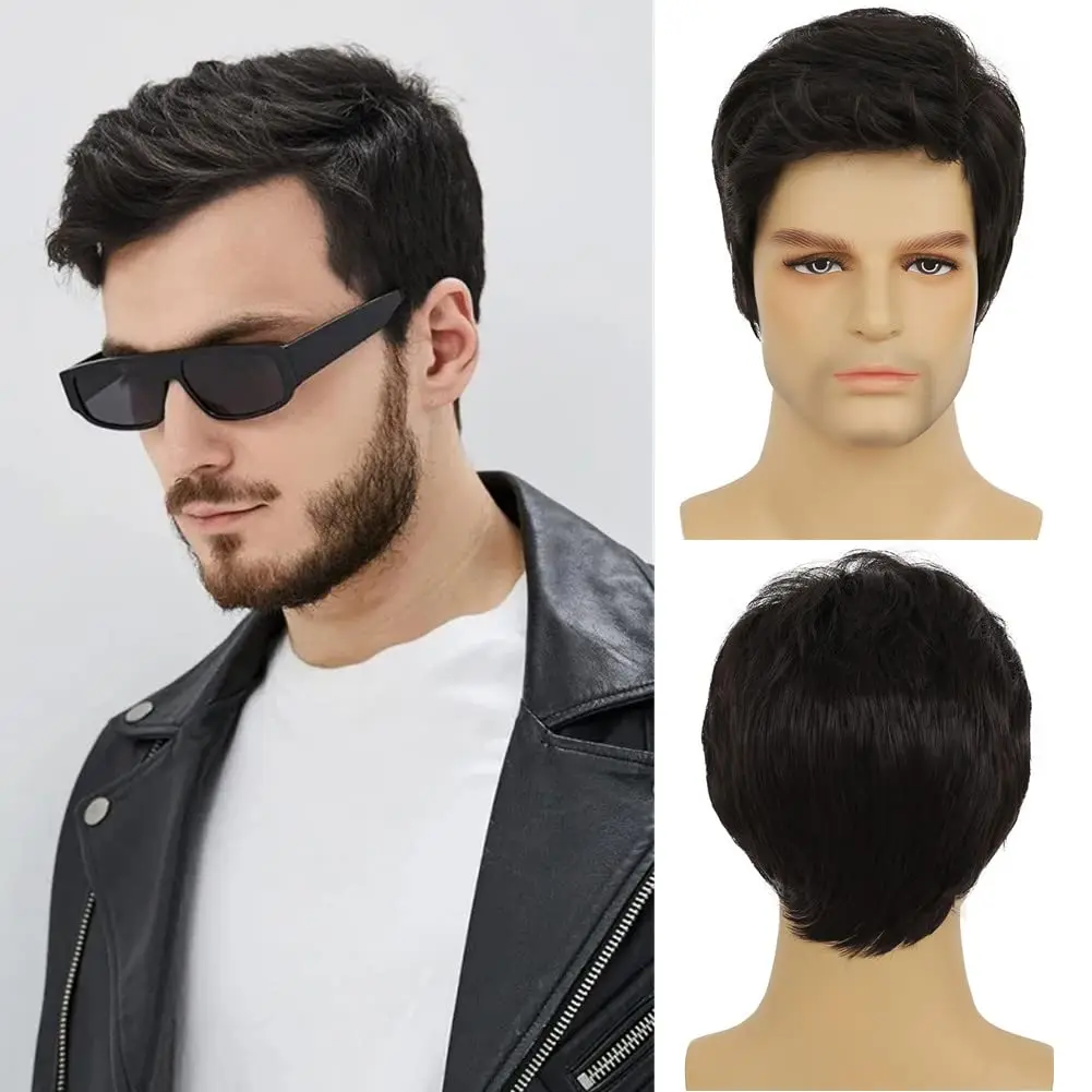 Black Wigs for Men Short Side Part Natural Layered Fluffy Synthetic Mens Wig for Daily Party Halloween Cosplay with Wig Cap