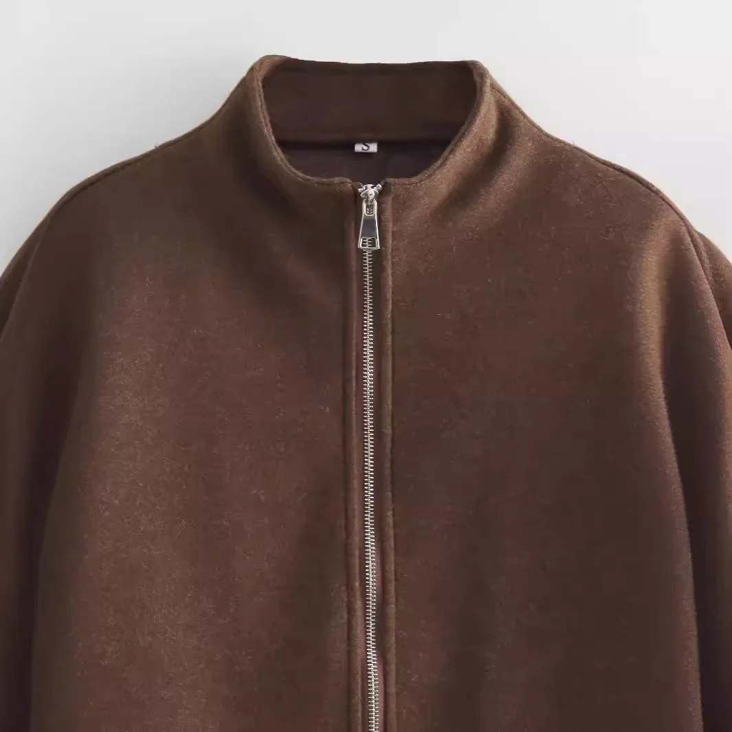 BWQ Herfst Vrouwen Casual Solid Jassen Mode Vintage Rits O Hals Bruine Jassen Elegante Chique Dames Jassen