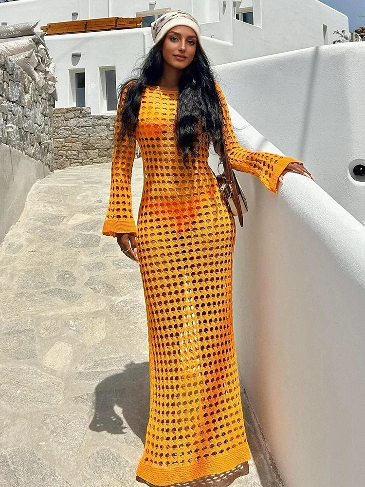 

Сексуальное однотонное вязаное пляжное платье макси с вырезами и рукавами-колокольчиками, женское летнее шикарное купальник, элегантный наряд для вечеринки K23
