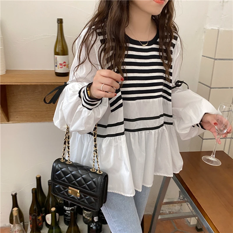 Striped Shirts Women Spring Autumn Loose Patchwork Lantern Sleeve Lace-up Clothing Fashion Design Simple Casual Daily Basic New