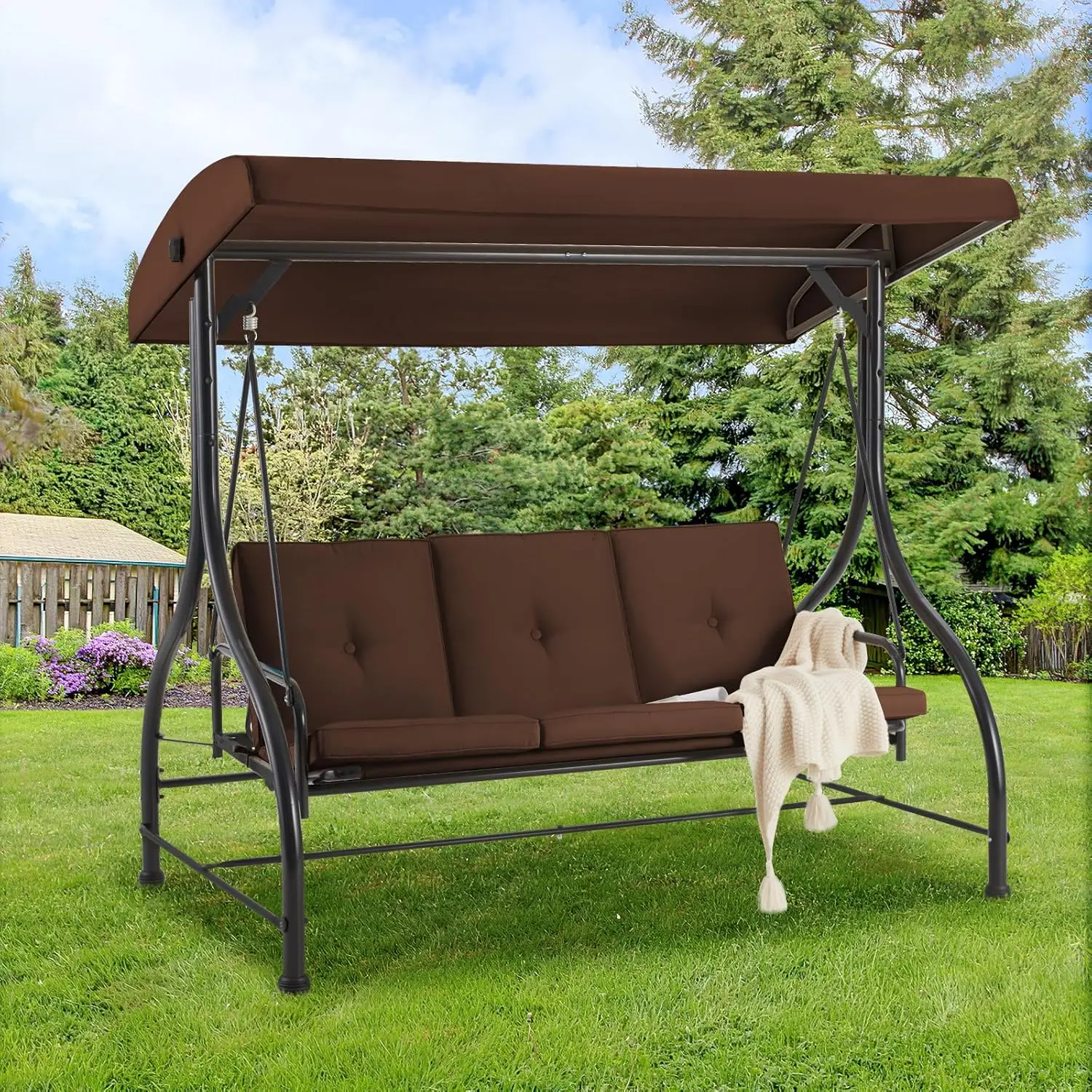 3 Seat Outdoor Patio Swing Chair Converting Swing Glider Canopy Hammock Adjustable Backrest and Canopy Removable Cushions