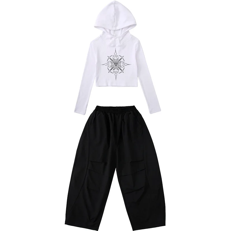Kid Kpop Abbigliamento Hip Hop Nero Grigio Crop Felpa con cappuccio T Shirt Casual Pantaloni larghi da paracadute per ragazza Ragazzo Costumi di danza di strada Vestiti