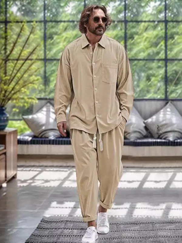 

Cotton Linen Men's irt Loose Long Sve Two-Piece Set Multi-Piece Set Casual Autumn Spring Faion Outerwear Ensemble