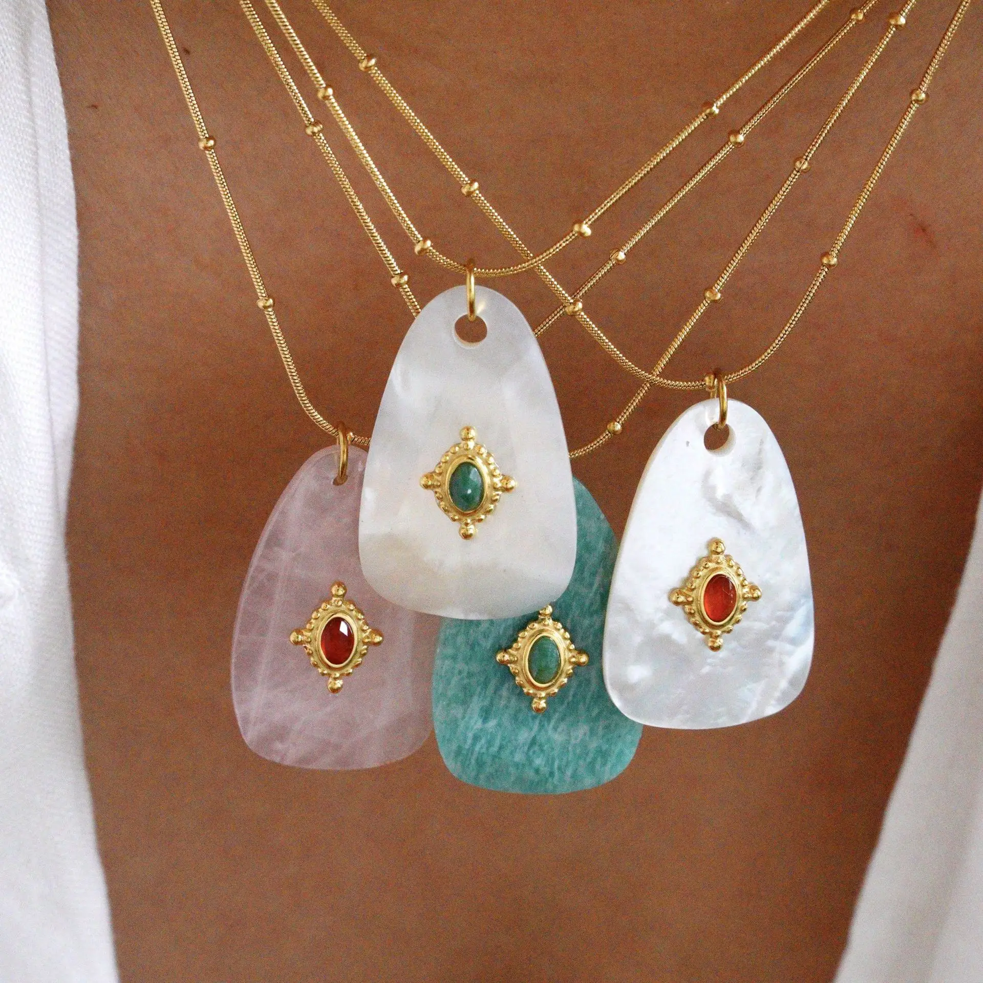 Stainless Steel 34x21mm Elliptical Section Tianhe Stone Powder Crystal Natural Stone White Shell Charms Necklace DIY Jewelry