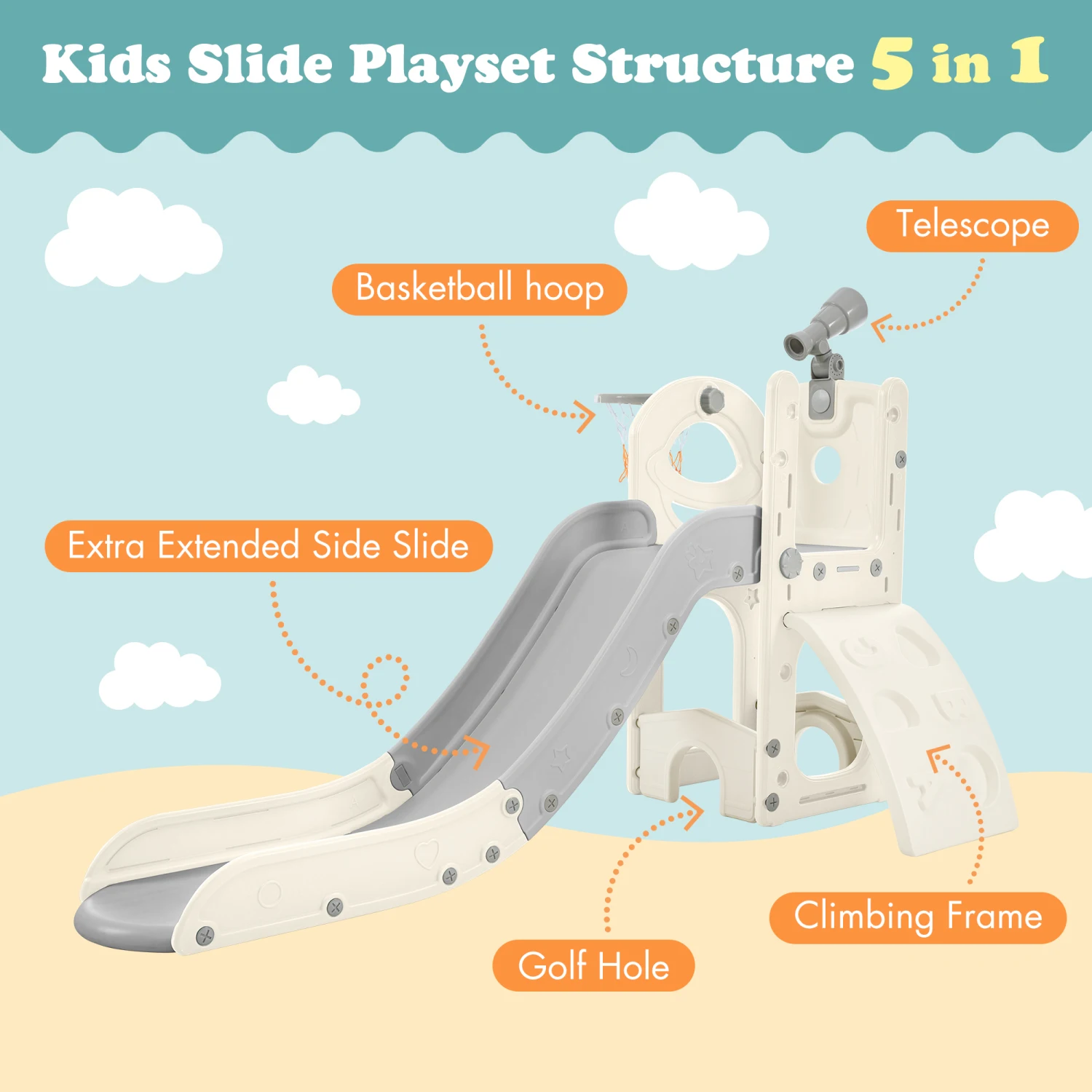 Kids Slide Playset Structure 5 in 1, Freestanding Spaceship Set with Slide, Telescope and Basketball Hoop, Golf Holes for Toddle