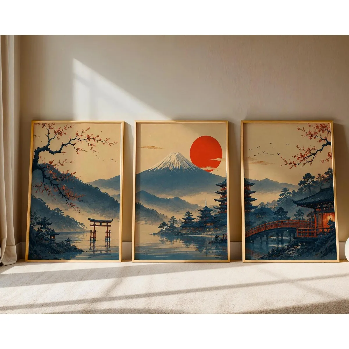 3pcs/set Japanese Vintage Landscape Canvas Prints Poster Mount Fuji Cherry Blossom Torii Gate Art Prints Living Room Home Decor