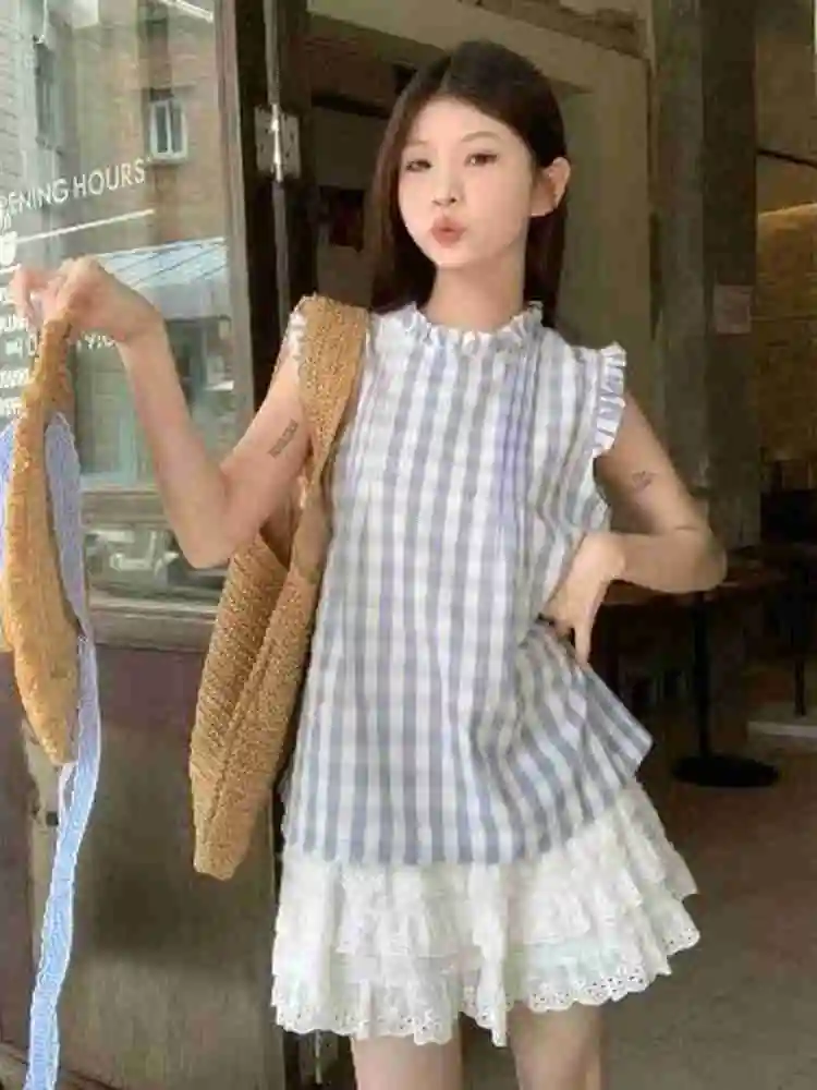 

Lazy Summer Plaid Vest irt Women's Doll Collar Svel Loose Fit round Ne Korean Sle Commute Faion plus Size