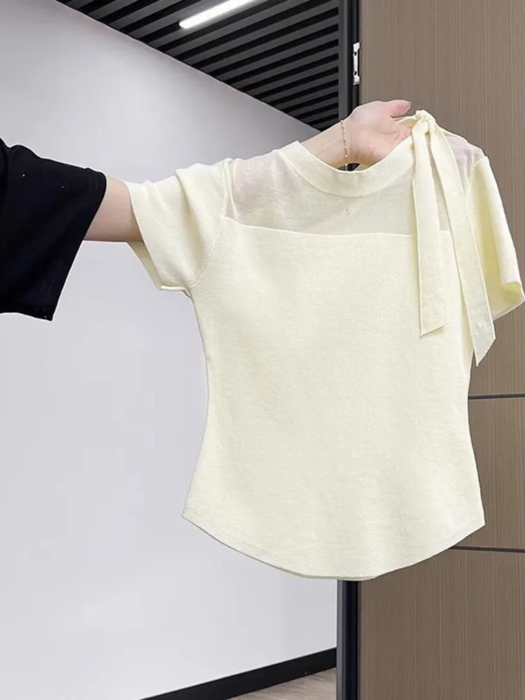 Women's ort Sve T-irt  Knot Slimming Me Thin Fake Two-Piece Top ort Faionable irt Gentle Wind