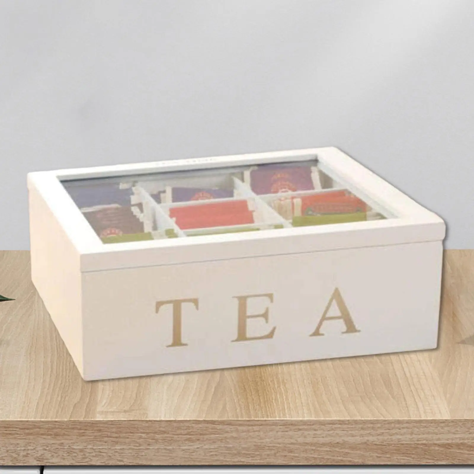 Coffee Storage Box Organizer Wooden Tea Box & 9-Compartment and Glass Window