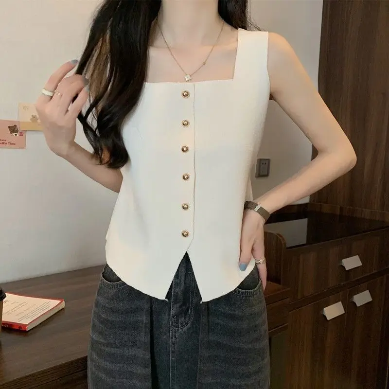2024 Summer New Square Neck Design Ice Silk Tank Top Strap Single breasted Korean Solid Color Top Trendy