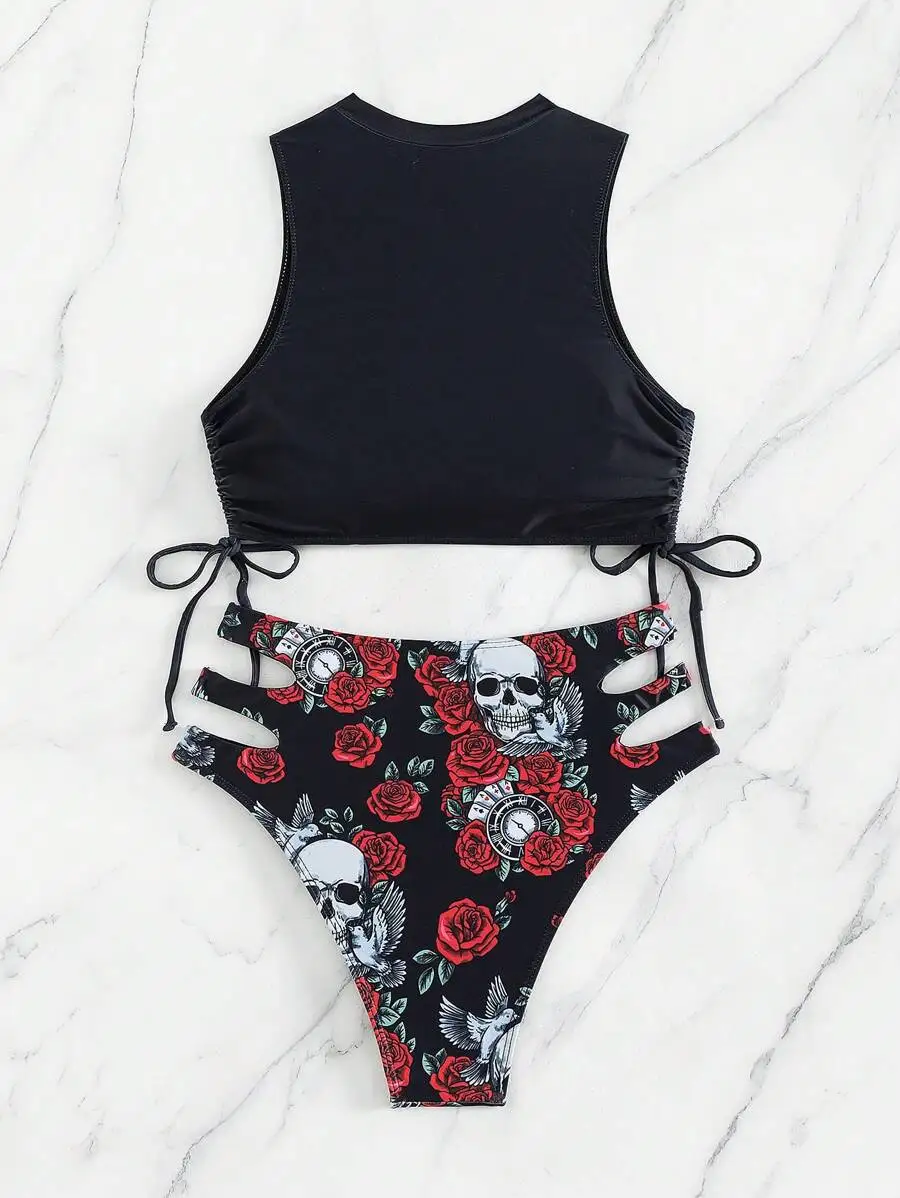 Swim EVENT Beach Skull & Floral Print Drawstring Side Bikini Set, Halloween - view 6