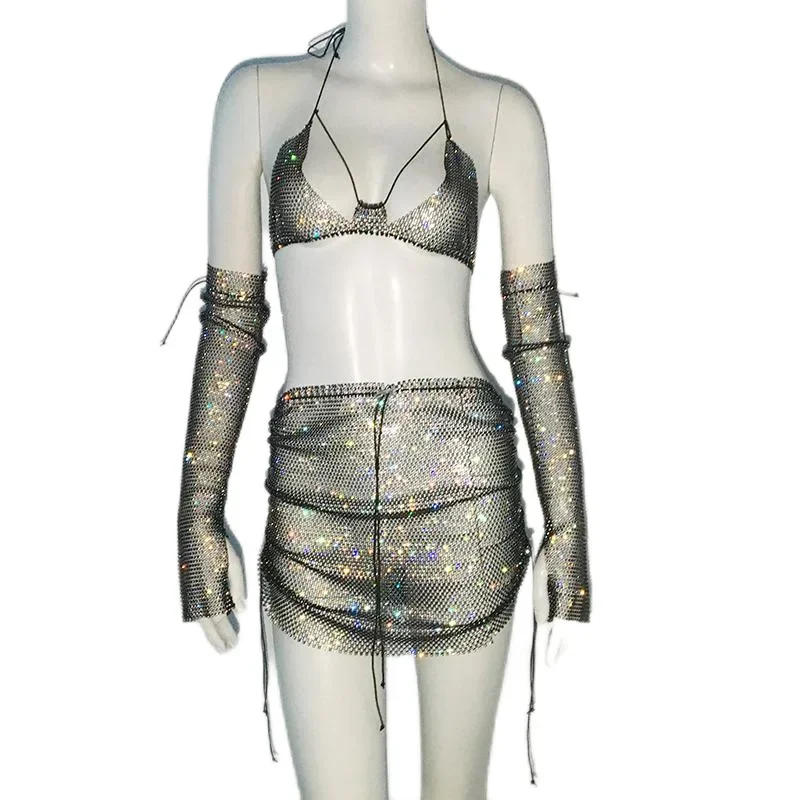 Shiny Pole Dance Fishnet Mesh Through Gogo Rave Outfit Women Nightclub Party Crop Top Skirt Sleeves Sexy Burning Man Costume