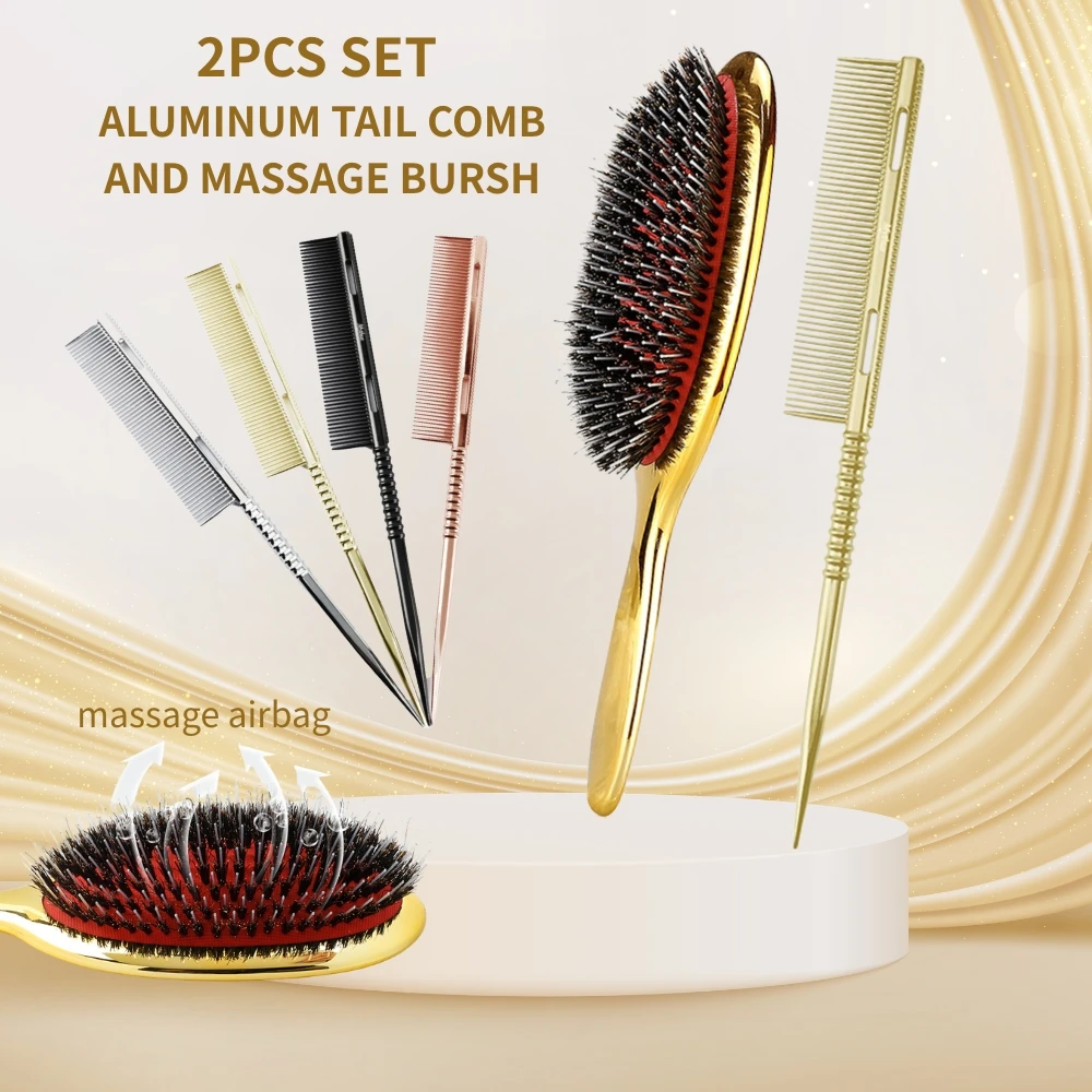 

Набор из 2 шт., роскошная массажная щетка для ухода за волосами кабана, противоскользящая алюминиевая расческа с крысиным хвостом, парикмахерские инструменты для укладки волос