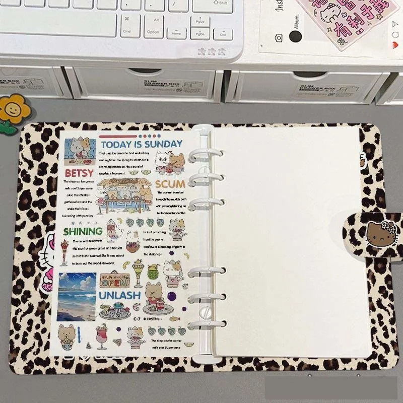 Sanrio Licensed Leopard Print Hello Kitty Loose Leaf Notebook PU Leather Magnetic Buckle Journal Diary Cartoon Y2K Kawaii Gift view 3