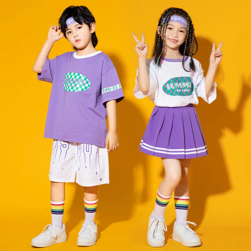 Hip Hop Boys Loose T-shirt Street Dance Graffiti Shorts Girls Tee Purple Skirts Child Streetwear Clothes Sets Kids Jazz Costumes