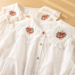 Early Autumn Mori Girl Style Flowers Embroidery Long Sleeve Shirt Women Lace Patchwork Loose Blouse Lolita Mori Kei Clothing