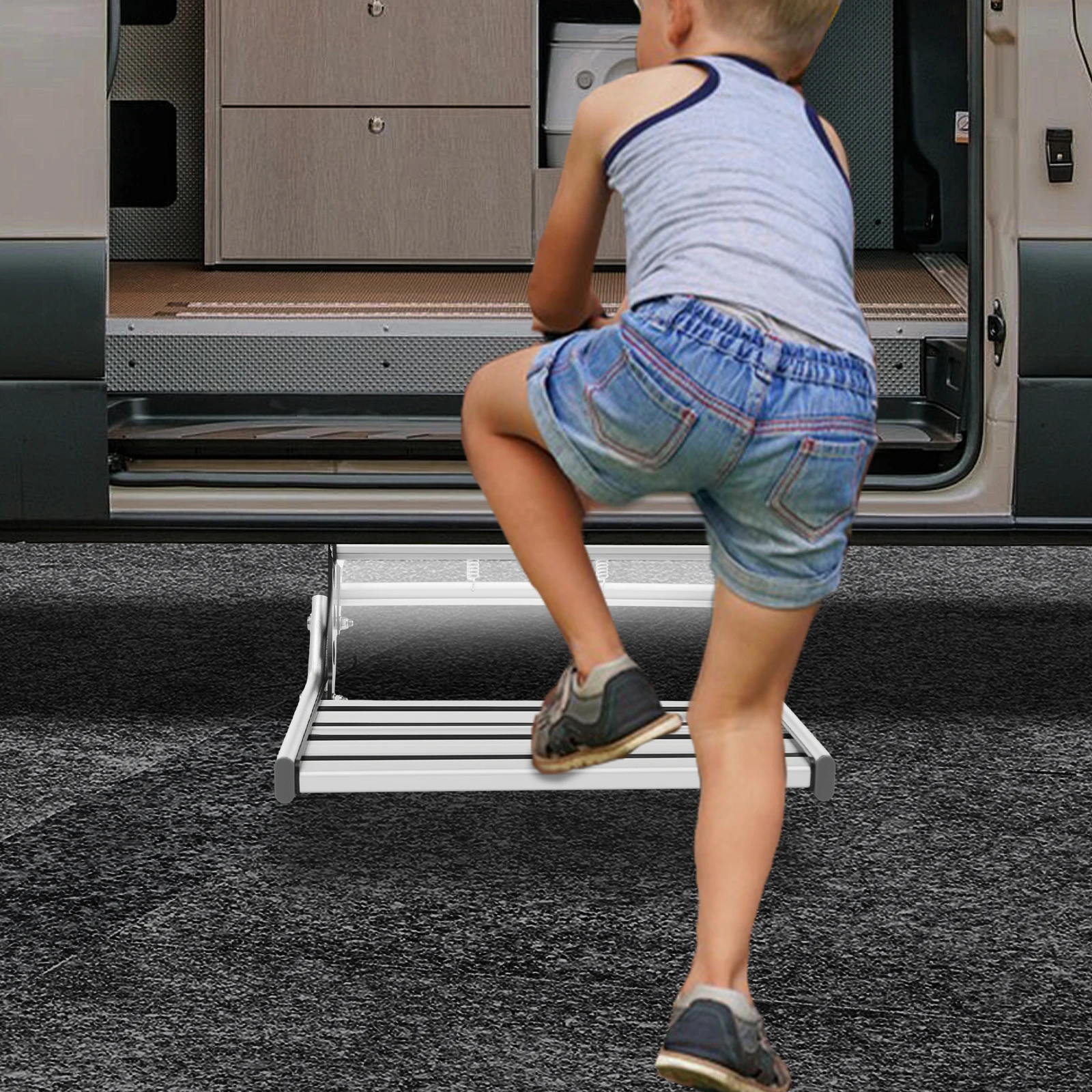 Folding RV Step Silver Aluminum Alloy 44cm RV Camper Step with 12V LED Light Manual RV Step 150kg Load Bearing Capacity