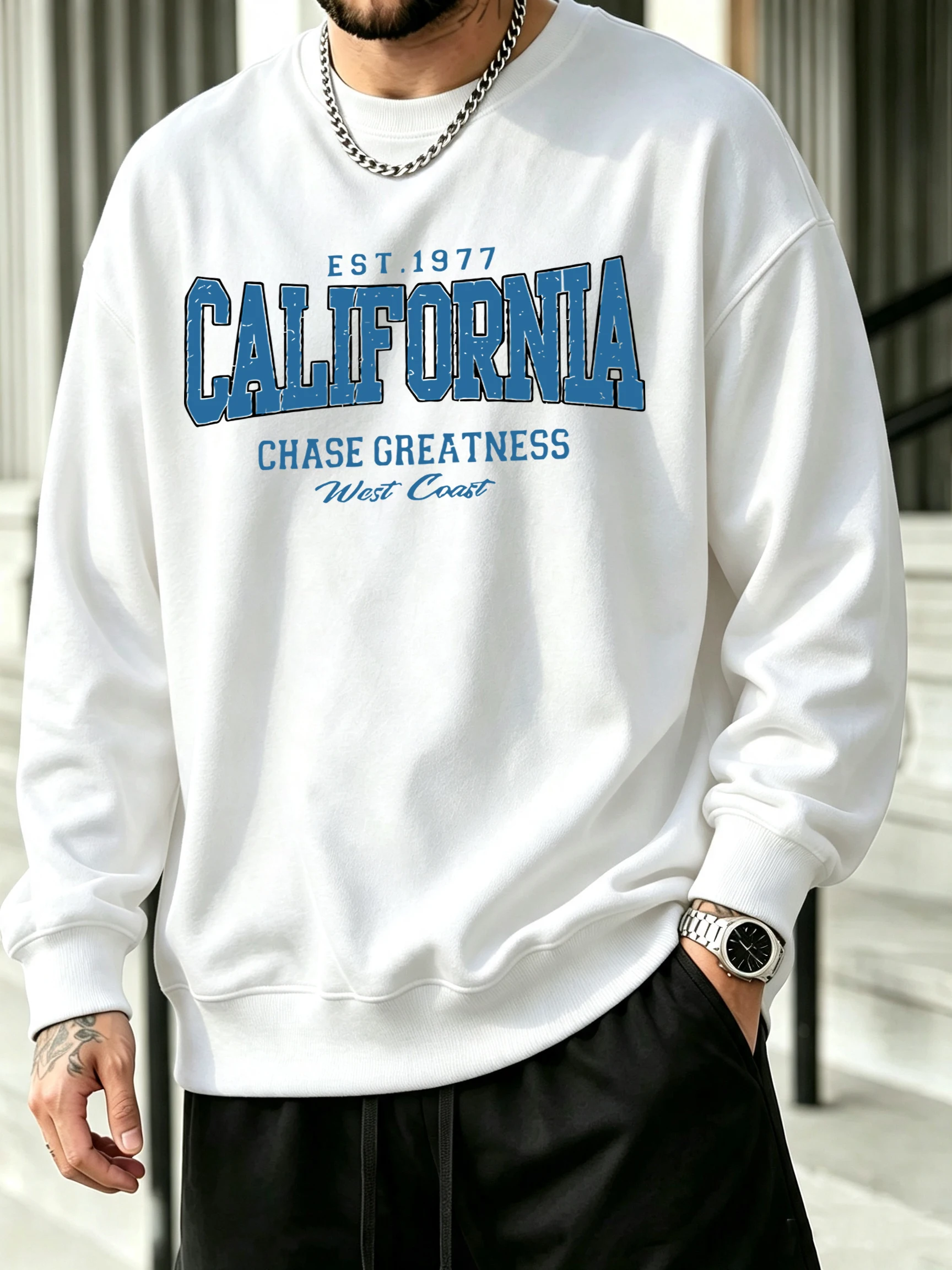 California Chasing Greatness Print All-Match Loose Clothes Male Spring Autumn Simple Streetwear Fleece Street Sweatshirts