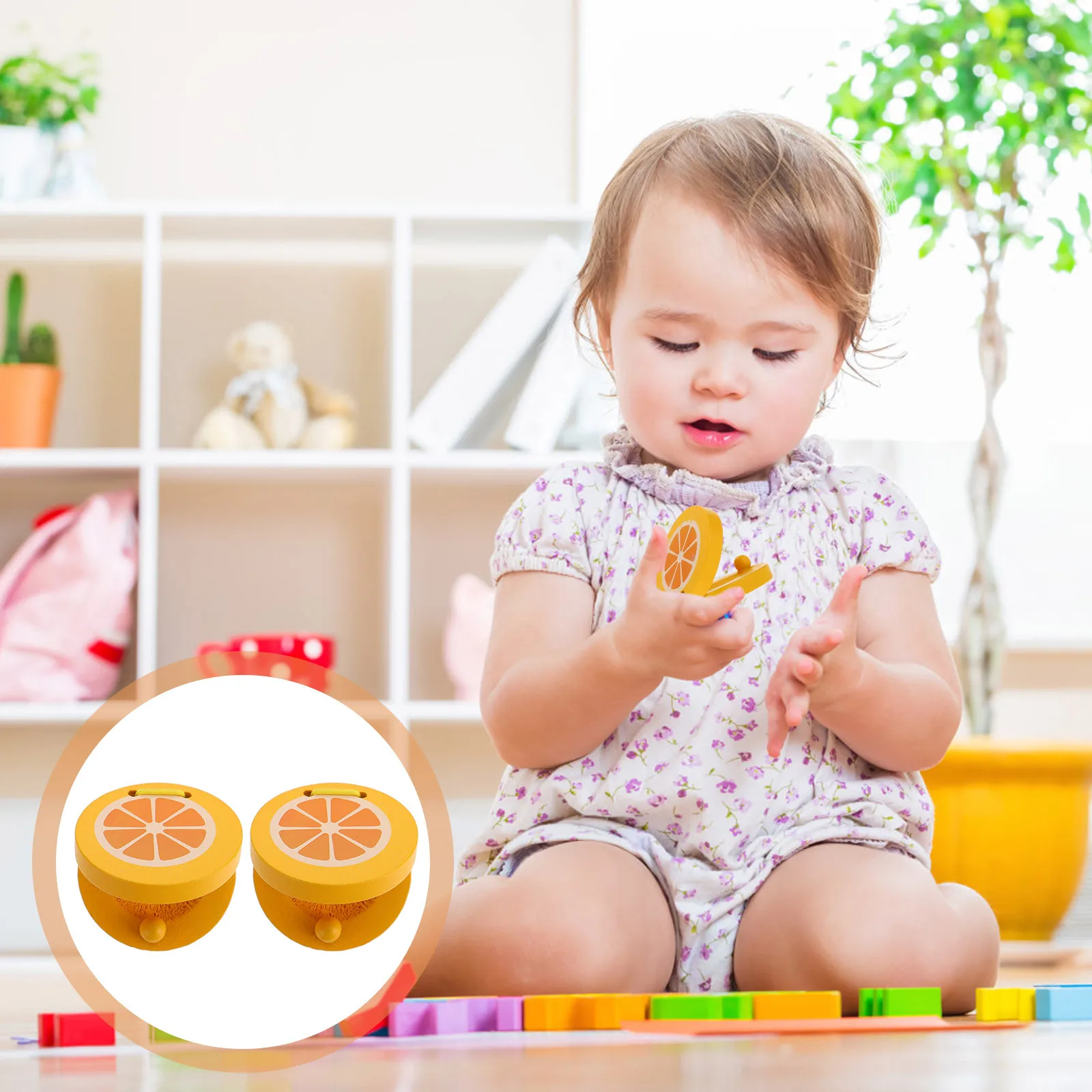 

2Pcs Household Kids Wooden Castanets Fruit Pattern Educational Accessory Stimulate Musical Sense Hand Coordination Colorful